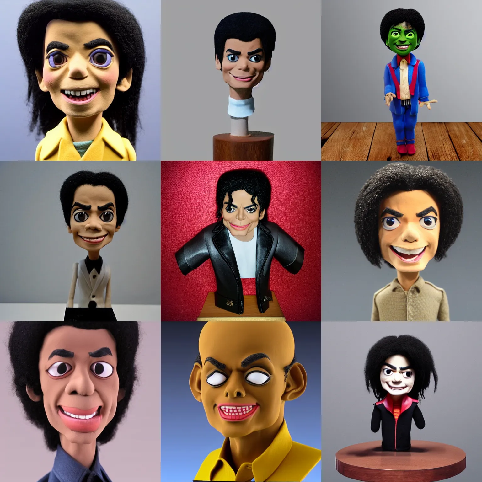 Prompt: michael jackson!!! very realistic!!! smooth specular clay! extremely close smooth specular sculpted headshot of michael jackson claymation puppet , soft light, fog , on wooden table. style: claymation puppet kids clay , by guldies