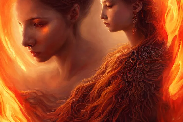 Image similar to Majestic painting of a beautiful young female fire goddess!!, intricate, epic, elegant, menacing, fantasy, highly detailed, digital painting, hard focus, beautiful volumetric lighting, epic light, ultra detailed, souls, smoke, by Leesha Hannigan, Ross Tran, Thierry Doizon, Kai Carpenter, Ignacio Fernández Ríos