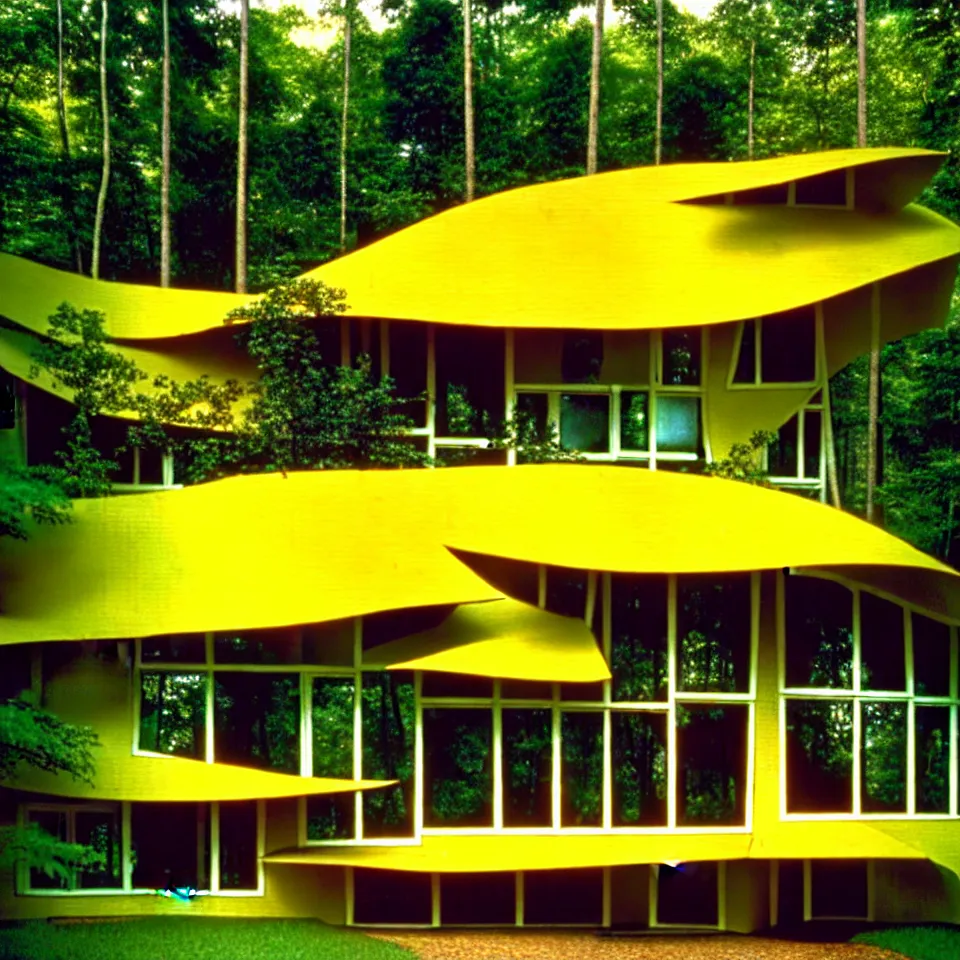 Prompt: a bungalow with big tiles in a forest, designed by Frank Gehry. Film grain, cinematic, yellow hue