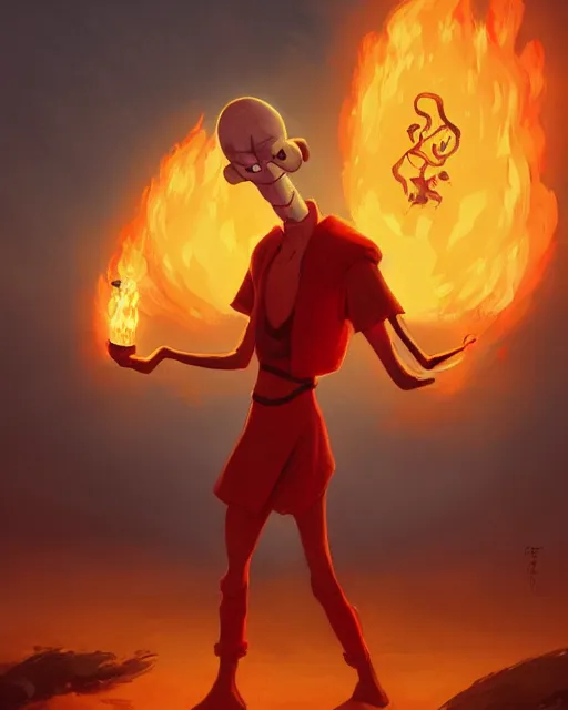 Image similar to squidward with four legs wearing fire nation clothing and practicing firebending outside at susnset, [ greg rutkowski ]