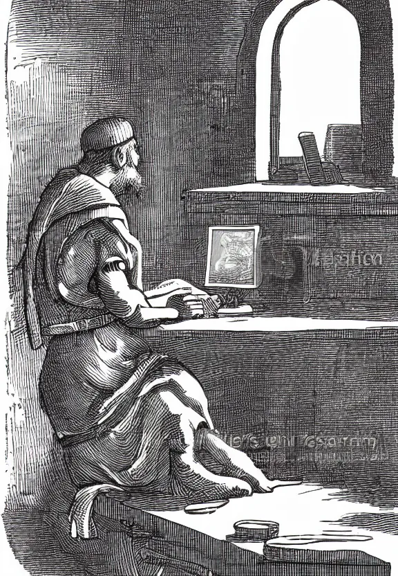 Image similar to [Medieval peasant sitting on a desk watching a computer in a dimly light room. There are cans on and around the desk and an arched window in the background. Illustration, sharp!, focus, high quality, smooth!]