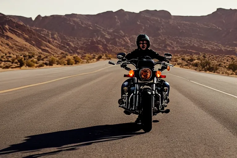 Image similar to riding a harley davidson on a desert road, cinematic