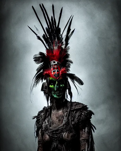 Image similar to the ghost - spirit of the grim - warpaint wears the scarlet skull armor and native blood headdress feathers, midnight fog - mist!, dark oil painting colors, realism, cinematic lighting, various refining methods, micro macro autofocus, ultra definition, award winning photo, photograph by ghostwave - gammell - giger - shadowlord