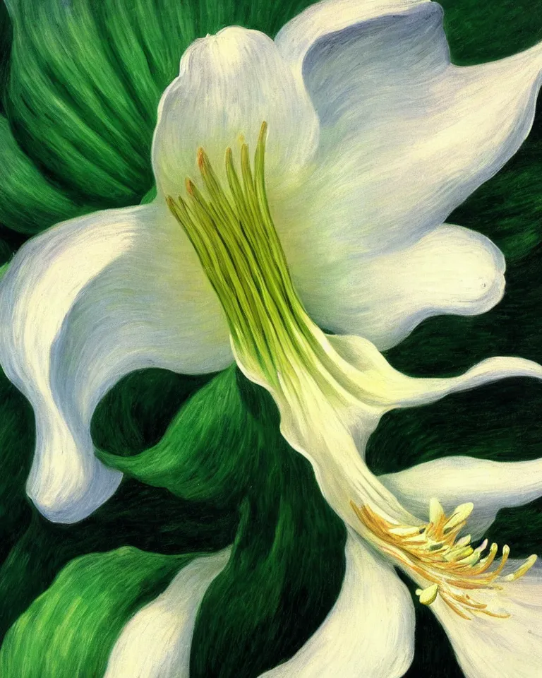 Prompt: achingly beautiful extreme close up painting of one white lily blossom on green background rene magritte, monet, and turner. piranesi. macro lens.