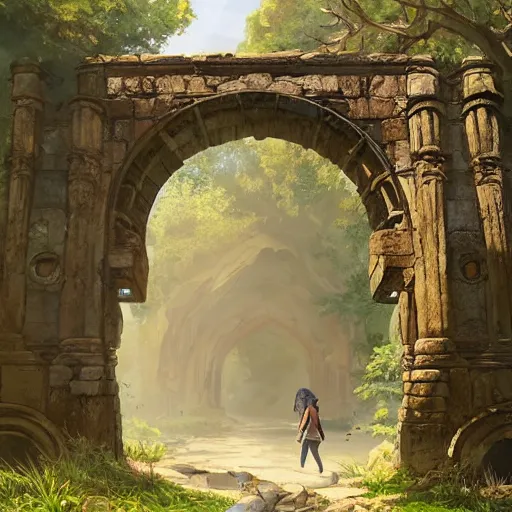 Image similar to concept art painting of an ornate ancient stone archway, in the woods, realistic, detailed, cel shaded, in the style of makoto shinkai and greg rutkowski and james gurney