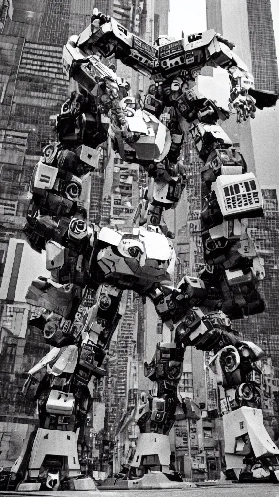 Prompt: 1 9 8 0 s giant robots fighting over tokyo, yashica t 4, heavy motion blur