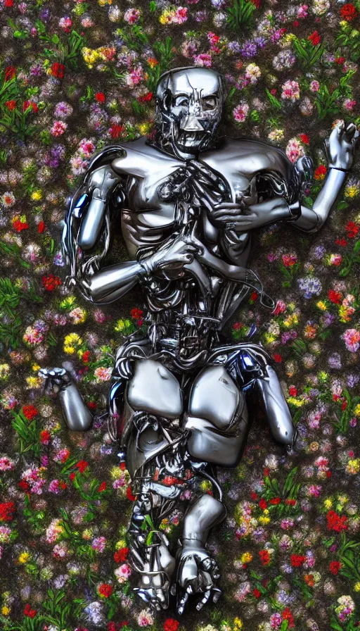 Image similar to destroyed terminator lying in a field of flowers, twisted metal, chrome, reflections, anthropomorphic, photorealism, smoke, metal, 8 k, surreal, wires, smooth, sharp focus, top view, extremely detailed, hyperrealism, elegant, establishing shot, by jeff koons, artgerm and greg rutkowski