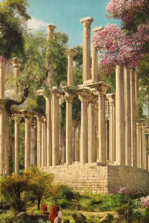 Prompt: hanging gardens of babylon, temple of artemis at ephesus, waterfalls, blooming hills with spring flowers and pillars by helen lundeberg