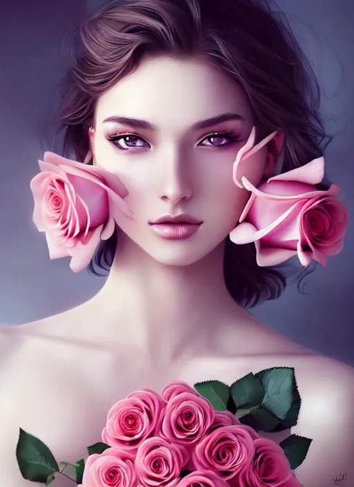 Image similar to a gorgeous female photo, professionally retouched, soft lighting, holding a bouquet of roses, realistic, smooth face, perfect eyes, wide angle, sharp focus on eyes, 8 k high definition, insanely detailed, intricate, elegant, art by artgerm and wlop