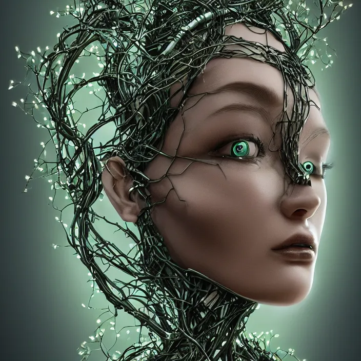 Prompt: digital ai robotic woman goddess, artificial intelligence, portrait, titanium, entwined in vines, branches and ivy, dark forest theme, sci - fi art, highly detailed, elegant, hyper - realistic