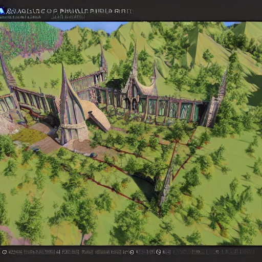 Image similar to a low poly, isometric view of rivendell, highly detailed render