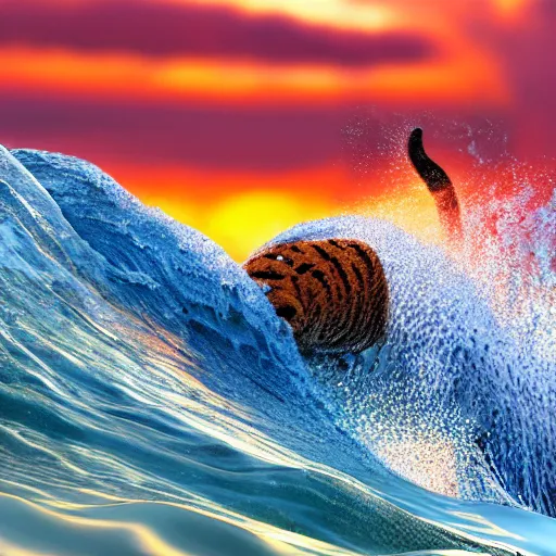 Image similar to a closeup photorealistic photograph of a cute smiling knitted tiger hippopotamus riding a large wave at sunset. surf in the background. professional capture. brightly lit scene. this 4 k hd image is trending on artstation, featured on behance, well - rendered, extra crisp, features intricate detail, epic composition and the style of unreal engine.