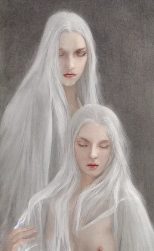 Image similar to thin angel with silver hair so pale and wan!, thin!, flowing robes, covered in robes, lone pale wan fair skinned goddess, wearing robes of silver, flowing, pale skin, young cute face, covered!!, clothed!! oil on canvas, style of lucien levy - dhurmer and jean deville, 4 k resolution, aesthetic!, mystery