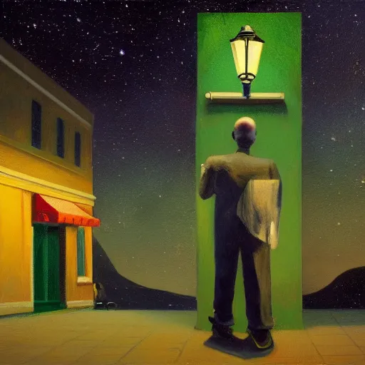 Prompt: a detailed portrait of a lonely man with a skull as his head standing in the street at night, green dramatic and cinematic light from the streetlight, the background is the sky full of stars, in the style of edward hopper, 4 k,