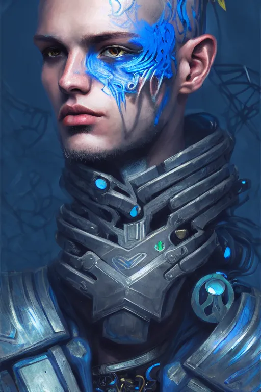 Image similar to portrait of beautiful young man, warhammer, cyber style, cyberpunk armor, a lot of more scars, more and more flowers, blue head, the middle ages, highly detailed, artstation, illustration, artgerm sylvari portrait, 8 k quality, art by gustav klimt