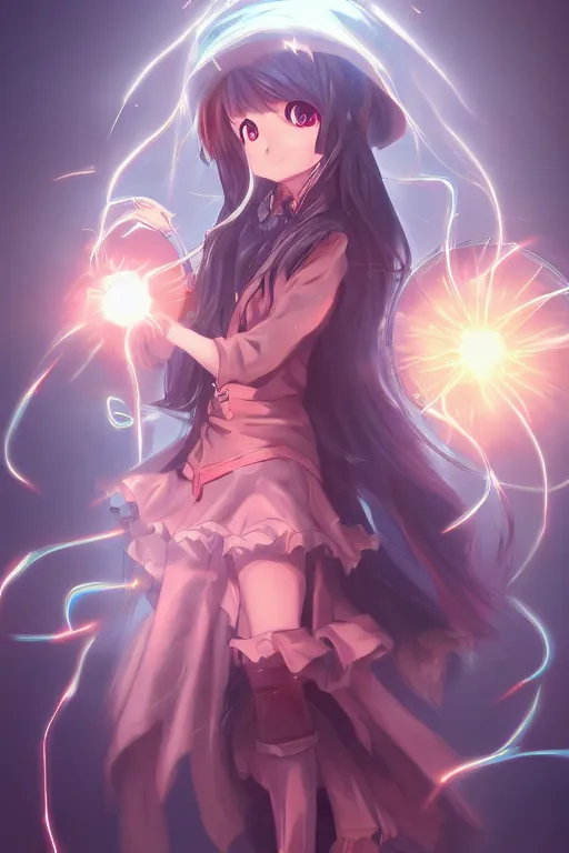 Image similar to an anime girl wizard conjuring a lightening ball, character art portrait, illustrated by wlop, extremely detailed, 8 k, trending on artstation, cinematic lighting, beautiful,