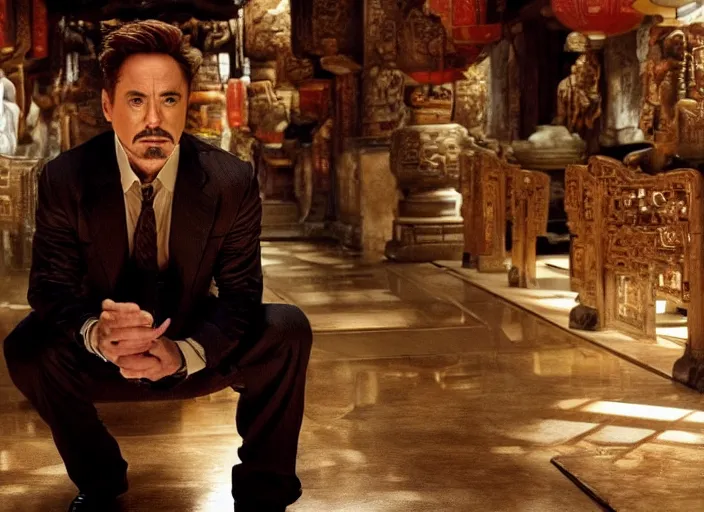 Image similar to film still of Robert Downey Jr as Cobb in an ancient chinese temple in Inception, 4k