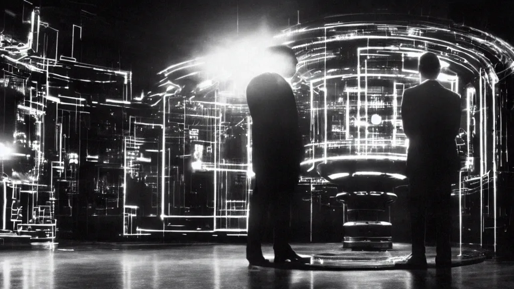 Image similar to movie scene of a man standing in front of a multiverse machine, movie still, cinematic composition, cinematic light, by David Lynch