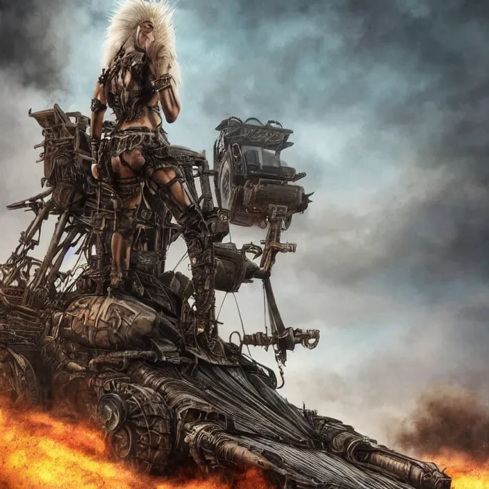 Image similar to beautiful apocalyptic woman with Mohawk, standing on mad max panzer tank, hyper-detailed, smooth, sharp focus, 4k ultra hd, fantasy dark art, tank girl, artgerm, artstation, octane render, elegant, detailed digital painting, apocalyptic art