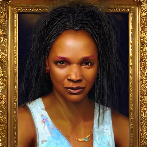 Prompt: portrait of a jamaican woman ( 3 5 ) from jamaica in 2 0 2 1, an oil painting by ross tran and thomas kincade