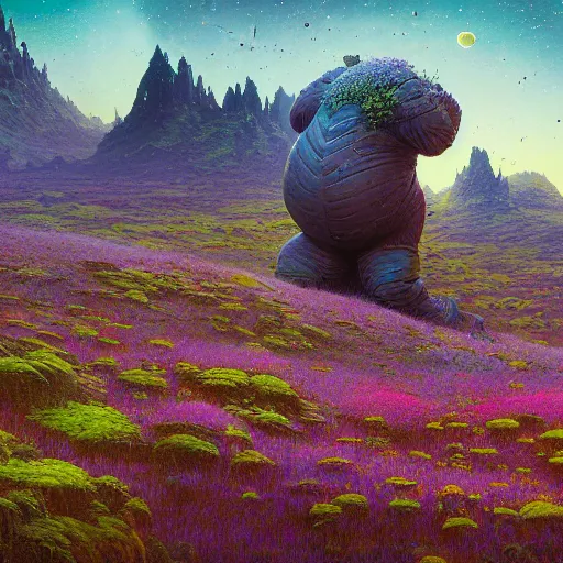 Image similar to a fantastic hyperdetailed 3 d matte painting of shrek partially covered in overgrowing wildflowers on an alien planet under arctic moonlight by moebius by beeple by by jakub rozalski by paul lehr by dan mumford