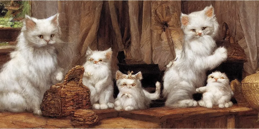 Image similar to 3 d precious moments plush cat with realistic fur, precious moments hawthorned village porcelain in the background, master painter and art style of john william waterhouse and caspar david friedrich and philipp otto runge