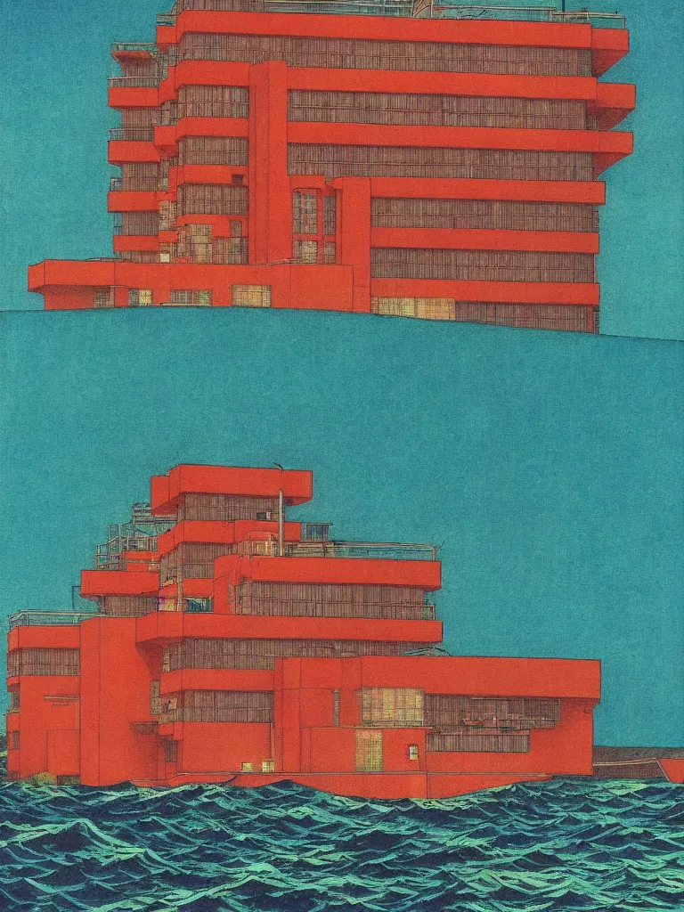 Prompt: a psychedelic hallucination of a brutalist hotel in the stormy ocean, by kawase hasui, moebius, edward hopper, colorful flat surreal design, dramatic lighting, hd, 8 k, artstation