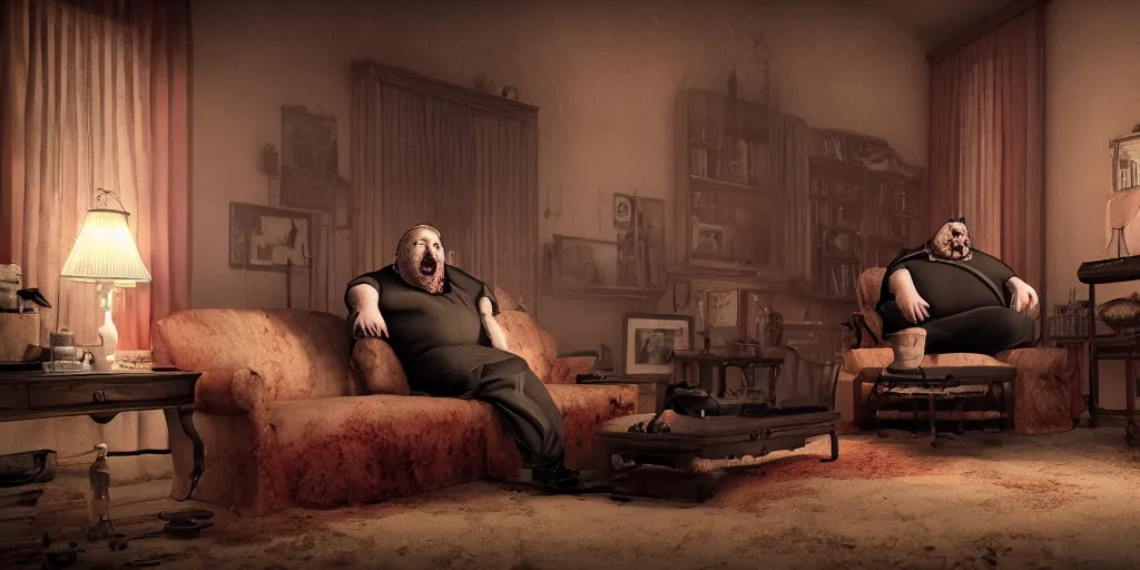 Image similar to a highly detailed photographic render of a fat scary man in a bloody living room, scary man watching tv, horror sci-fi, horror science fiction, biology, horror, cinematic, cinematic horror, cinematic lighting, cinematic scene, cinematic render, film, horror film, beautifully lit, ray traced, octane 3D render, octane render, unreal engine