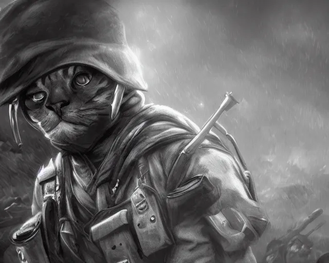 Prompt: A soldier cat in world war one, close-up, black and white, amazing digital art, hyper detailed, artstation, in the style of Tony Sart