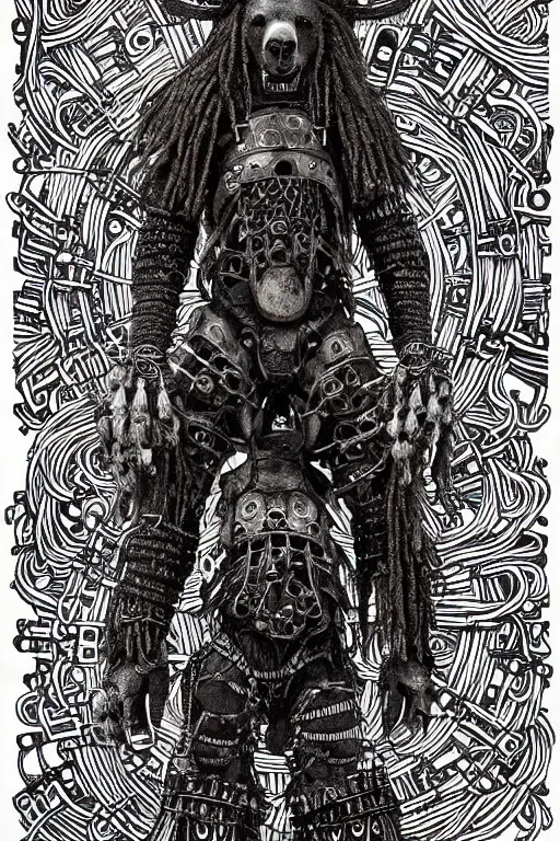 Image similar to wild monstorous anthropomorphic biomechanical bear shaman-warrior wearing chains made of tiny human skulls and other voodoo artifacts. Wearing dreadlocks made of cables and wires. Upgraded with hightech cyberwares. huge, big, giant bear human hybrid, mecha animal, tall, detailed woodcut armor, terrifying and dangerous, scary, beautiful, steampunk monster android hybrid art portrait, matte scifi fantasy painting, half robot half bear. DeviantArt Artstation, by Jason Felix by Steve Argyle by Tyler Jacobson by Peter Mohrbacher, cinematic lighting