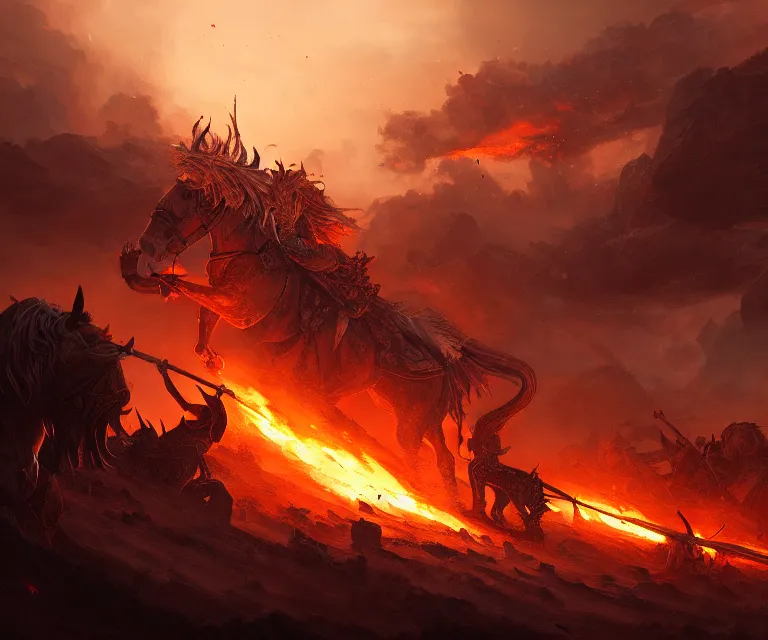 Image similar to battle of kings, fire and dust, action, dramatic lighting, intricate, wild, highly detailed, digital painting, artstation, concept art, smooth, sharp focus, illustration