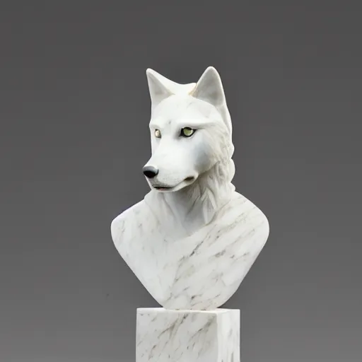 Image similar to a white marble bust of a wolf with gold filigree