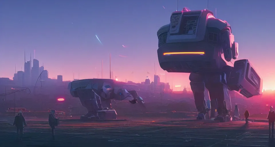 Image similar to GIANT ROBOT MOTHERSHIP looming in the distance, large sunset, cinematic, rendered by simon stålenhag, rendered by Beeple, Makoto Shinkai, syd meade, environment concept, digital art, unreal engine, 3 point perspective, WLOP, trending on artstation, low level, 4K UHD image, octane render,