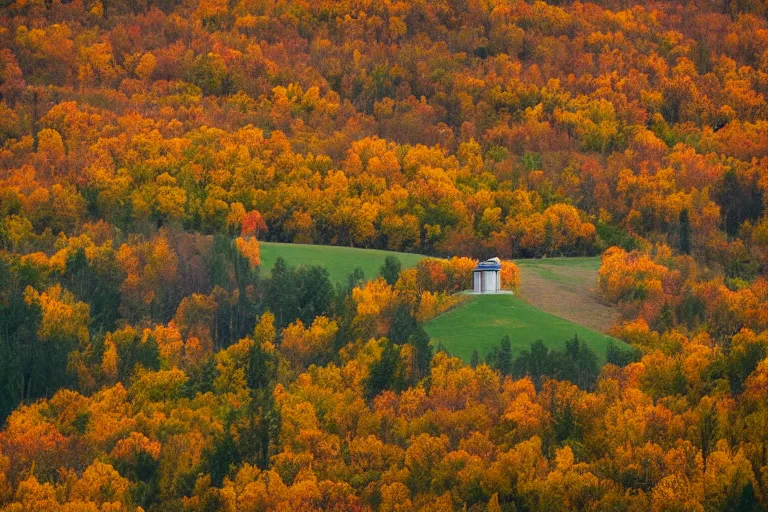 Prompt: a hill with a radio tower next to a pond, autumn hills in background. telephoto lens photography.