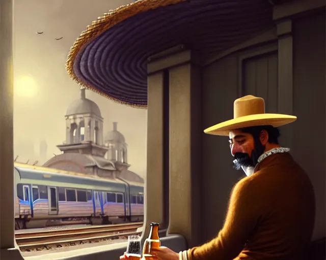 Image similar to a mexican man with hat drinking a beer on train station, fantasy, intricate, elegant, highly detailed, digital painting, artstation, concept art, matte, sharp focus, illustration, art by aenaluck and roberto ferri and greg rutkowski, epic