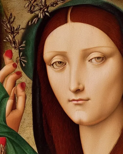 Prompt: a close up of a painting of a woman, a detailed painting by pietro perugino, behance, renaissance, da vinci, pre - raphaelite, detailed painting