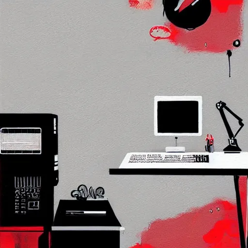 Image similar to highly detailed painting of a computer on a bed by atey ghailan, by greg rutkowski, by greg tocchini, by james gilleard, by joe fenton, by kaethe butcher, gradient red, black and white color scheme, grunge aesthetic!!! ( ( graffiti tag wall background ) )