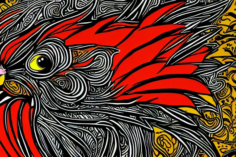 Prompt: illustration of an angry rooster, by willian santiago, intricate, detailed, sharp focus, lively colors