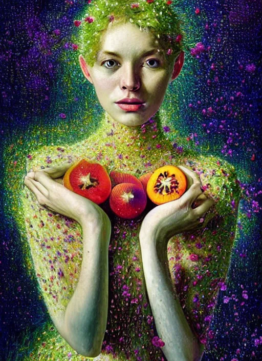 Image similar to hyper detailed 3d render like a Oil painting - Aurora (Singer) Eats of the Strangling Fruit and Her delicate Hands full of gossamer polyp blossoms bring iridescent fungal flowers whose spores black the foolish stars by Jacek Yerka, Mariusz Lewandowski, Houdini algorithmic generative render, Abstract brush strokes, Masterpiece, Edward Hopper and James Gilleard, Zdzislaw Beksinski, Mark Ryden, Wolfgang Lettl, hints of Yayoi Kasuma, octane render, 8k