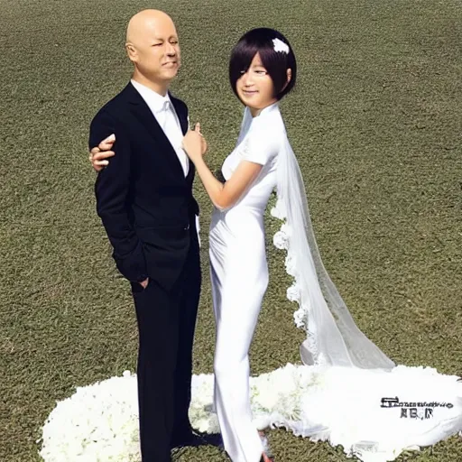 Image similar to saitama one punch man instagram couple's wedding photo shoot, closeup photo