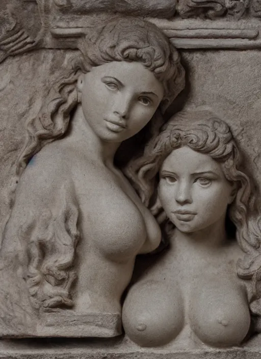 Image similar to photograph of a bas relief of demi rose and emilia clarke found in an ancient greek temple, by charlotte grimm, natural light, detailed face, canon eos c 3 0 0, ƒ 1. 8, 3 5 mm, 8 k, medium - format print, half body shot