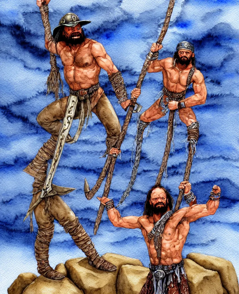 Image similar to randy savage with an anchor weapon slung over his shoulder and foot heroically on a boulder posing in desolate wasteland | fantasy watercolour painting | middle earth | conan | darksun | d & d dungeons and dragons | barbarian