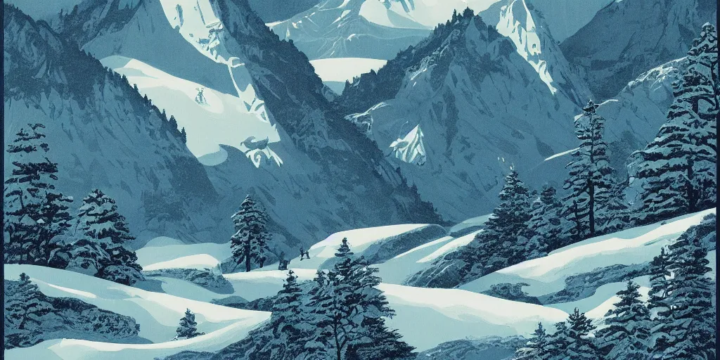 Image similar to beautiful idyllic poster illustration for a craggy snow valley national park, no trees, by ludwig hohlwein
