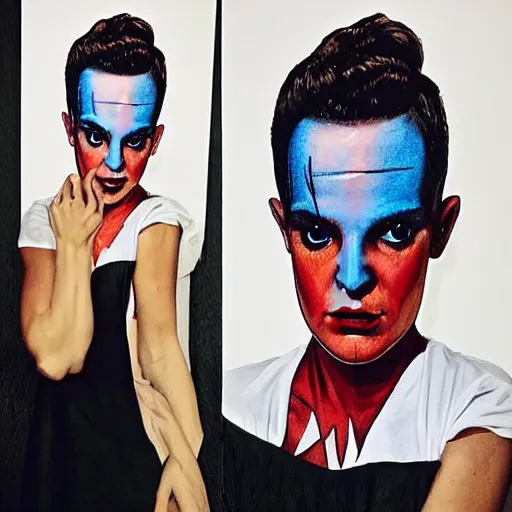 Prompt: full body painting of the stranger things logo on a beautiful fashion model