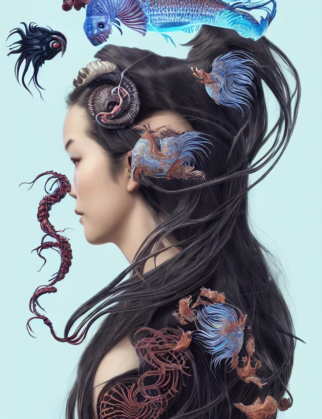 Image similar to 3 d goddess half - turn portrait with long hair with ram skull. beautiful intricately detailed japanese crow kitsune mask and clasical japanese kimono. betta fish, jellyfish phoenix, bio luminescent, plasma, ice, water, wind, creature, artwork by tooth wu and wlop and beeple and greg rutkowski