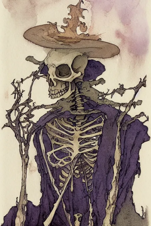 Prompt: a simple and atmospheric watercolour portrait of a skeleton king on halloween, very muted colors, by rebecca guay, michael kaluta, charles vess and jean moebius giraud