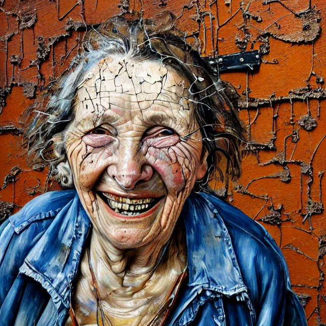 Image similar to an extreme close up portrait a very ordinary old woman with an happy expression, front angle, by Lucian Freud and Jenny Saville and Anselm Kiefer, oil painting, rust, Scaffolding, rusted metal and sunflowers, iron cladding, decay, mixed media, textured, anatomically correct, beautiful perfect face, visible brushstrokes, sharp focus, Highly Detailed, Cinematic Lighting, 8k, HD