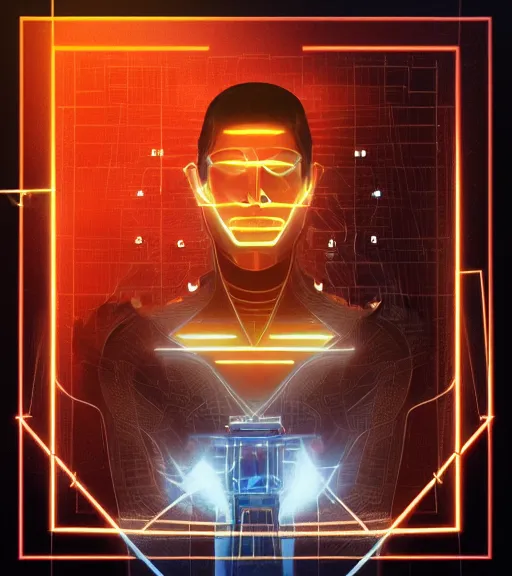 Image similar to symmetry!! egyptian prince of technology, solid cube of light, hard edges, product render retro - futuristic poster scifi, lasers and neon circuits, brown skin man egyptian prince, intricate, elegant, highly detailed, digital painting, artstation, concept art, smooth, sharp focus, illustration, dreamlike, art by artgerm