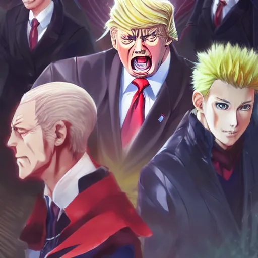 Image similar to anime portrait of trump x elon hybrid as an anime antagonist by Stanley Artgerm Lau, WLOP, Rossdraws, James Jean, Andrei Riabovitchev, Marc Simonetti, and Sakimichan, trending on artstation