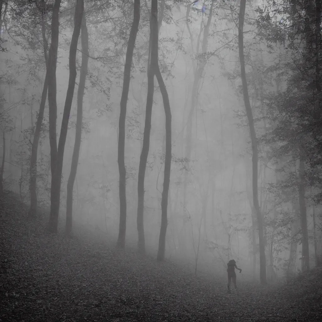 Prompt: scared of the man down stairs, running to hide in the woods, but he found me, hazy memory, volumetric, dark black and white in the style of alvin schwartz, epic angles